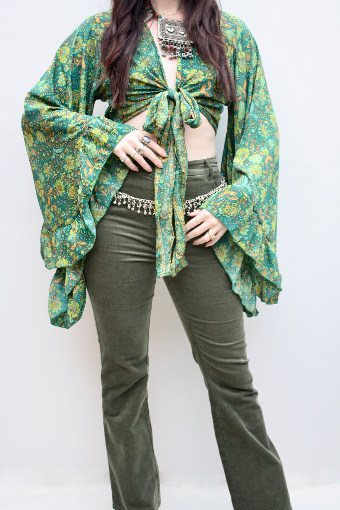Silk Flared Sleeve Butterfly Blouse