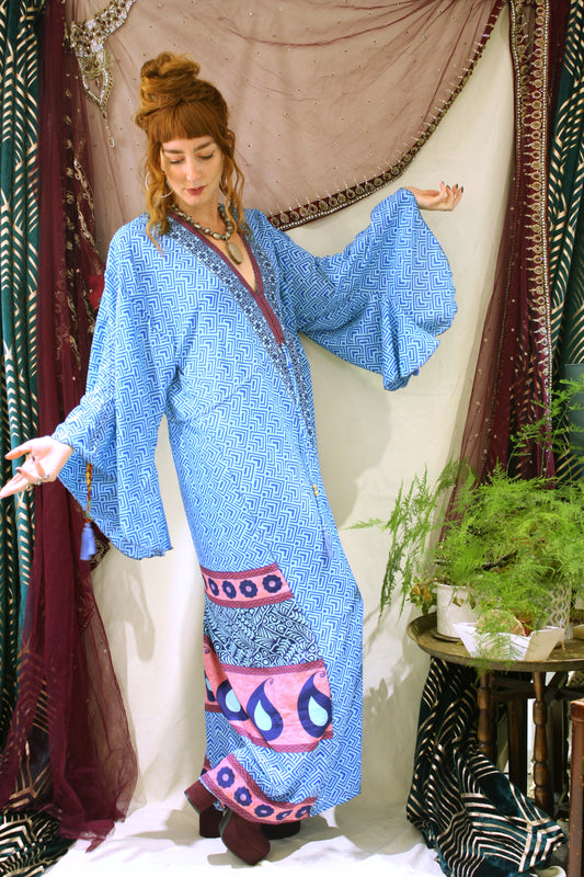 Boho hippie full length maxi kaftan dress, adjustable sleeves, adjustable waist, recycled silk fabric, blue pink geometric pattern, one size fitting. 