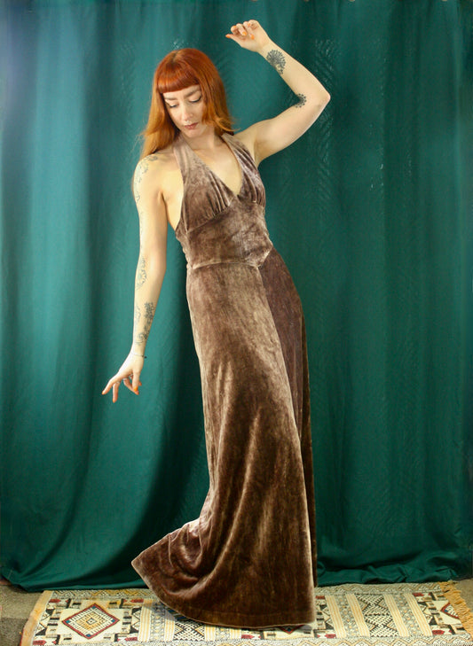 Rare Mary Quant the ginger group 1960s brown velvet maxi halterneck dress.