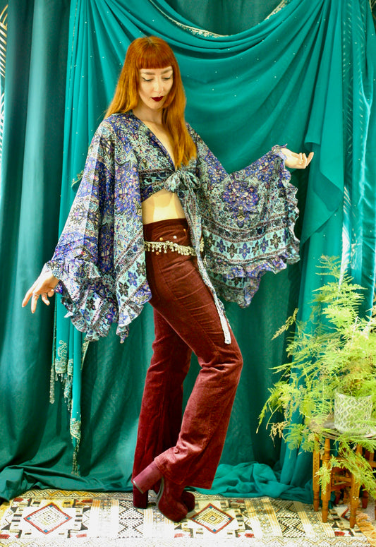 Boho hippie flared sleeve silk paisley cropped blouse. 