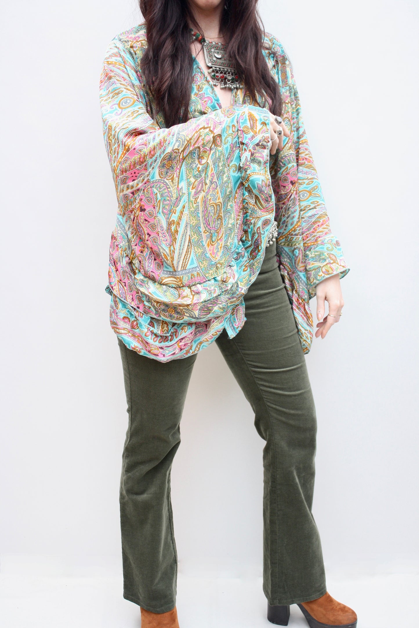 Silk Flared Sleeve Butterfly Blouse