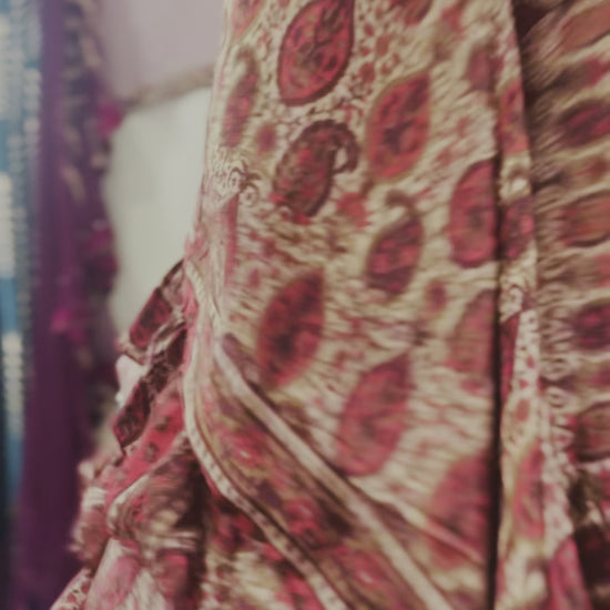 Bohemian silk 70's maxi dress, side slits, v neck, dramatic flared sleeves, adjustable waist bank, in a burgundy paisley Indian silk.  